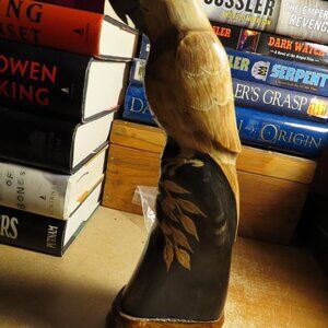 Bull Horn Carving Of A Parrot On Wood Base; Detailed; Unsigned